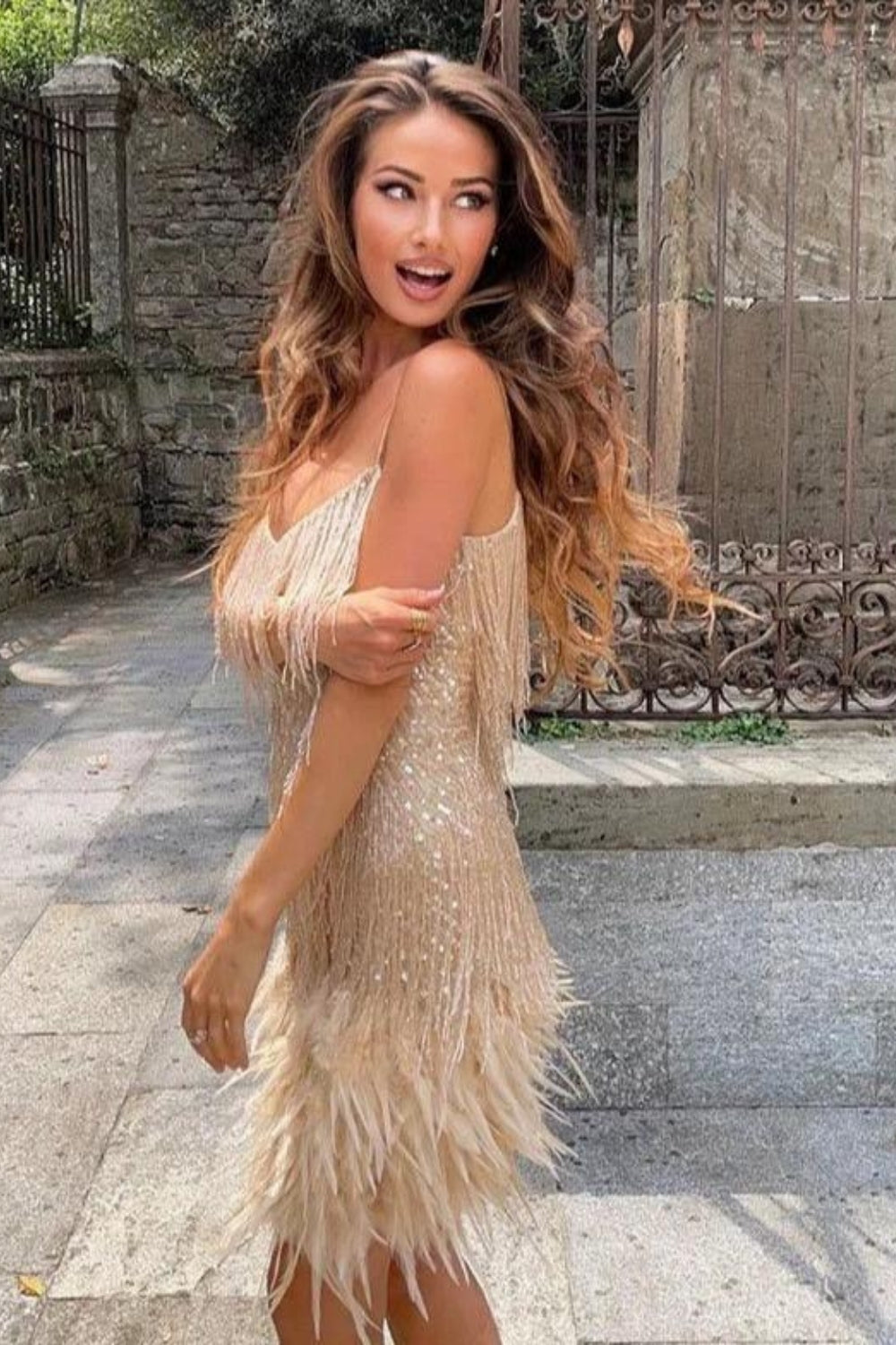 Ewa | Fringe Feather Mini Dress with Spaghetti Straps