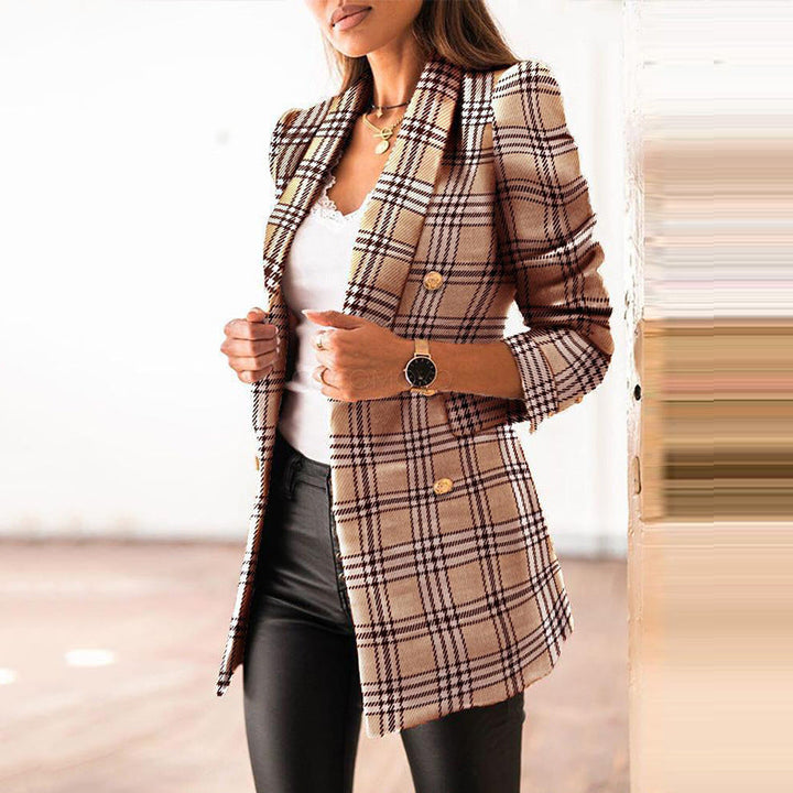 Sophia Adams | Plaid Double-Breasted Blazer Coat For Women