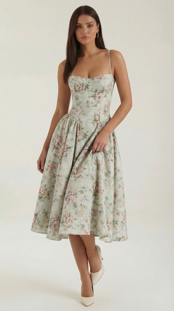 Ulva | Women’s Floral Corset Midi Dress – Sweetheart Neck Summer Dress